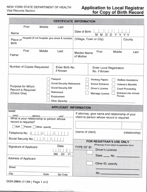 First page of the Application of Birth Record