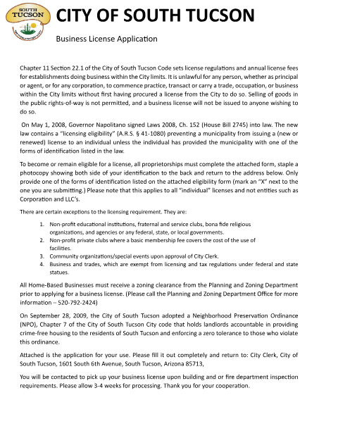 First page of the Business License Application