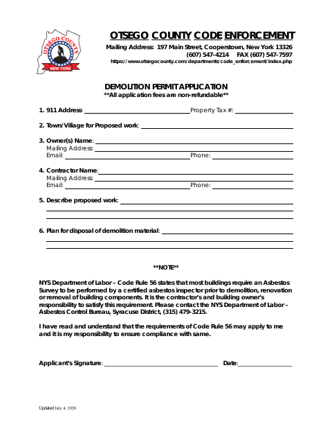 First page of the Demolition Permit Application