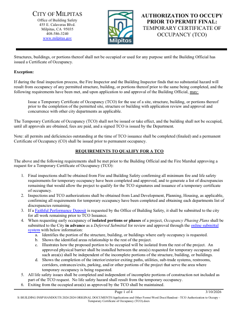 First page of the Authorization To Occupy Prior To Permit Final: Temporary Certificate Of Occupancy
