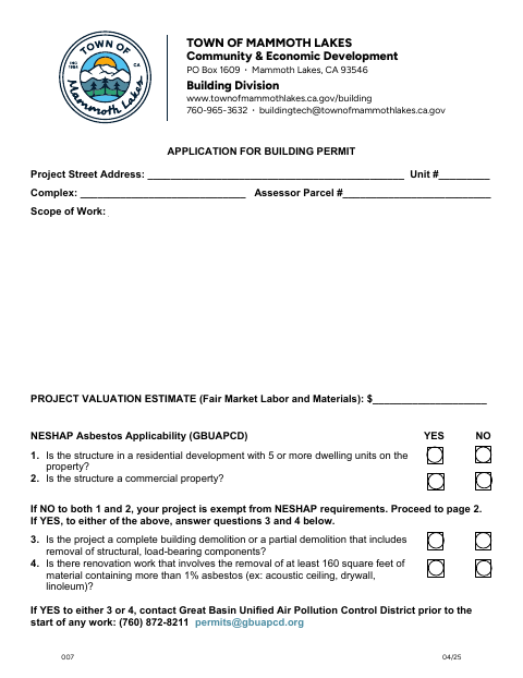 First page of the Building Permit Application