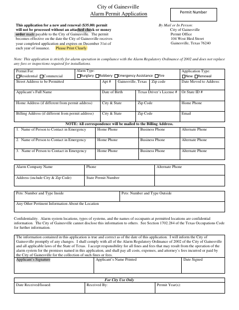 First page of the Alarm Permit Application