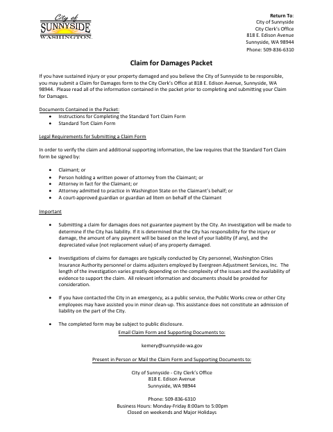 First page of the Claim for Damages Packet