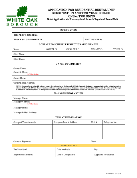 First page of the Residential Rental Unit Registration and Two-Year License Application