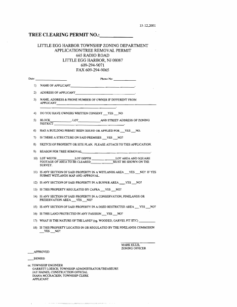 First page of the Tree Clearing Permit Application