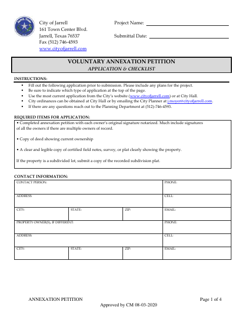 First page of the Voluntary Annexation Petition Application & Checklist