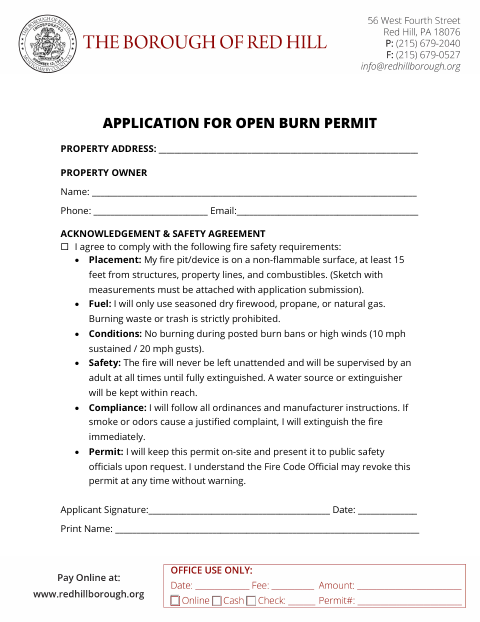 First page of the Application for Open Burn Permit