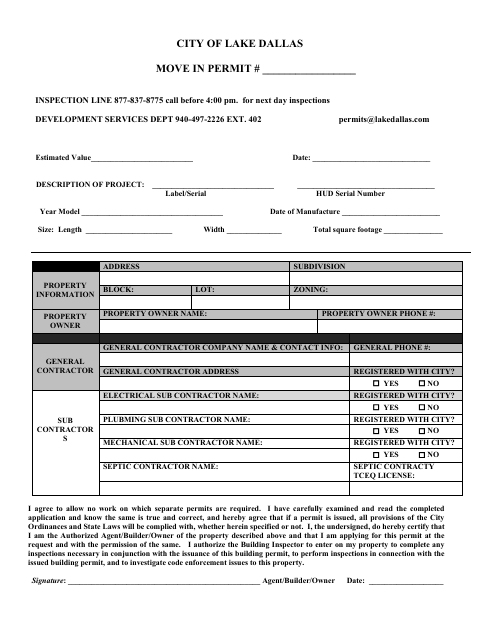 First page of the Move In Permit