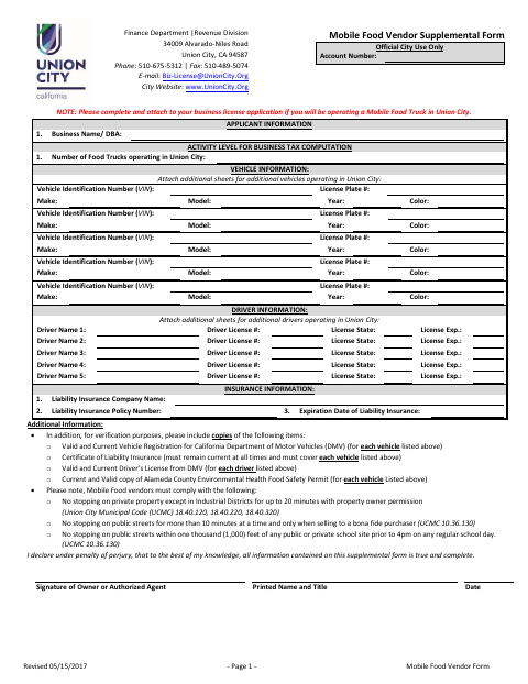 First page of the Mobile Food Vendor Supplemental Form