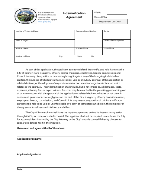 First page of the Indemnification Agreement