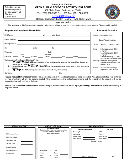 First page of the Open Public Records Act Request Form