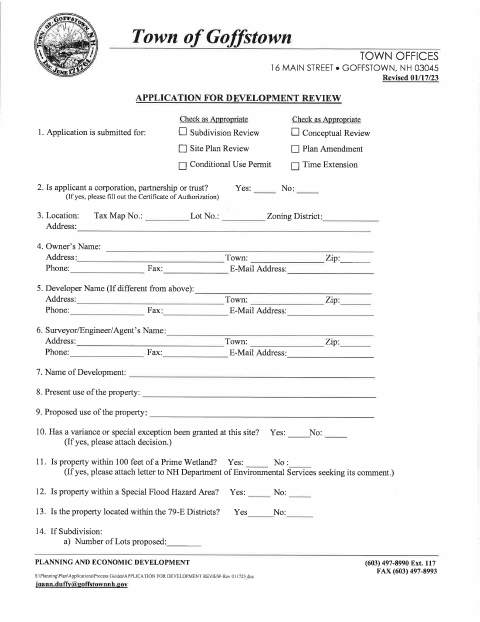 First page of the Application for Development Review