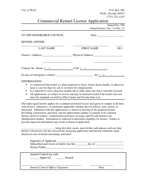 First page of the Commercial Kennel License Application