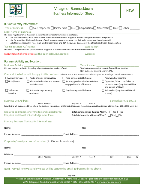 First page of the Business Information Sheet