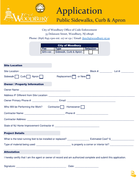 First page of the Application to Replace Existing Sidewalk, Curb, and Apron
