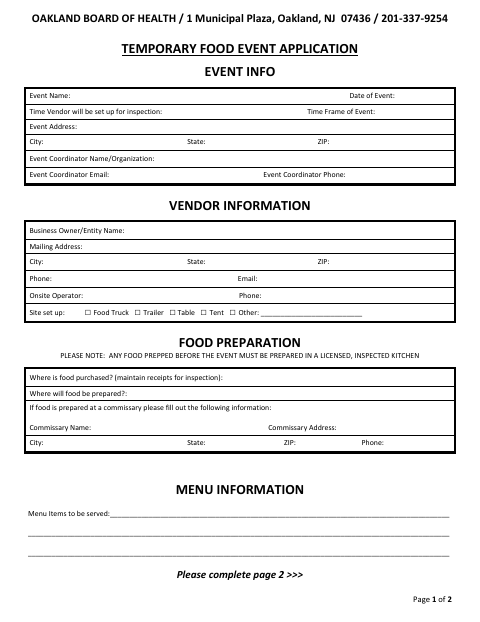 First page of the Temporary Food Event Application
