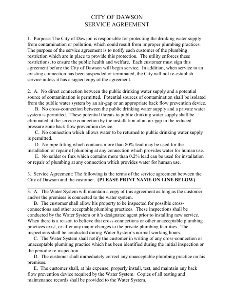First page of the Service Agreement
