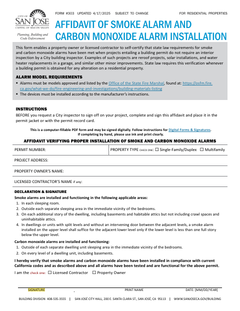 First page of the Affidavit of Smoke Alarm and Carbon Monoxide Alarm Installation (Form 303)