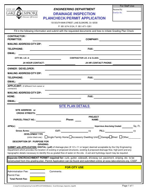 First page of the Drainage Inspection Plan Check/Permit Application
