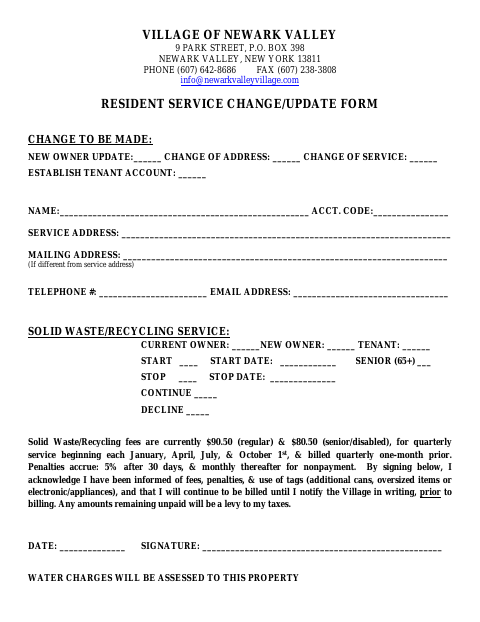 First page of the Resident Service Change/Update Form