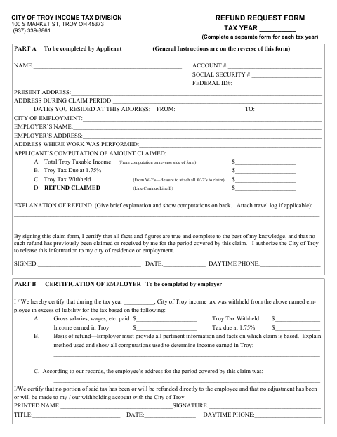 First page of the Income Tax Refund Request Form