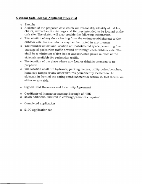 First page of the Outdoor Café License Checklist and Application