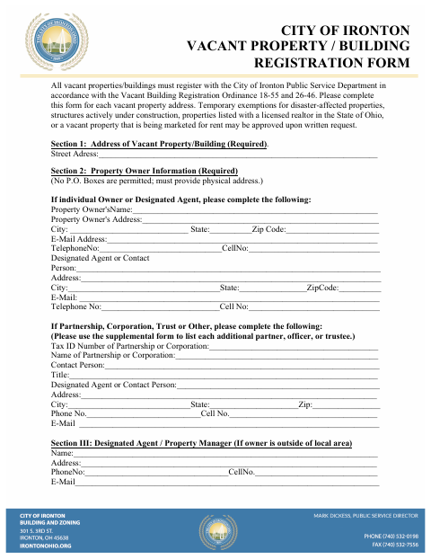 First page of the Vacant Property Registration Form