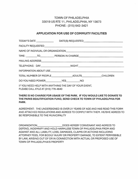 First page of the Application for Use of Community Facilities