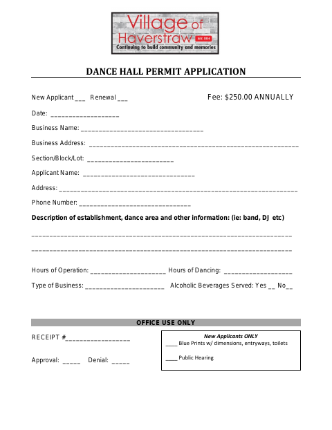 First page of the Dance Hall Permit Application