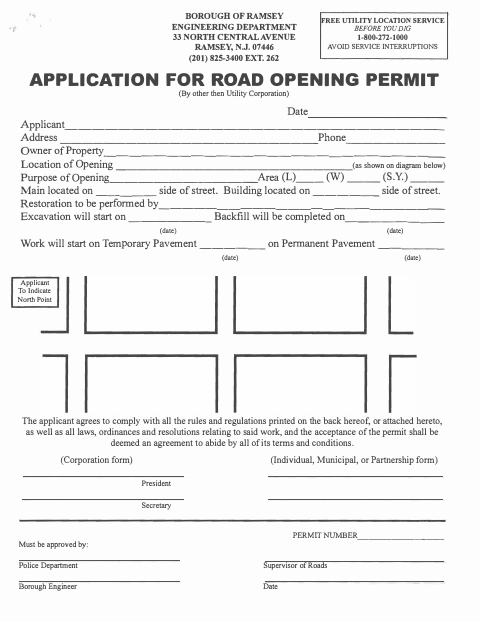 First page of the Road Opening Permit Application