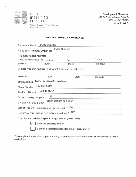First page of the Application for a Variance