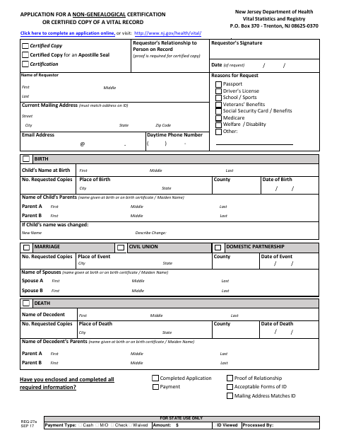 First page of the Application for a Non-Genealogical Certification or Certified Copy of a Vital Record