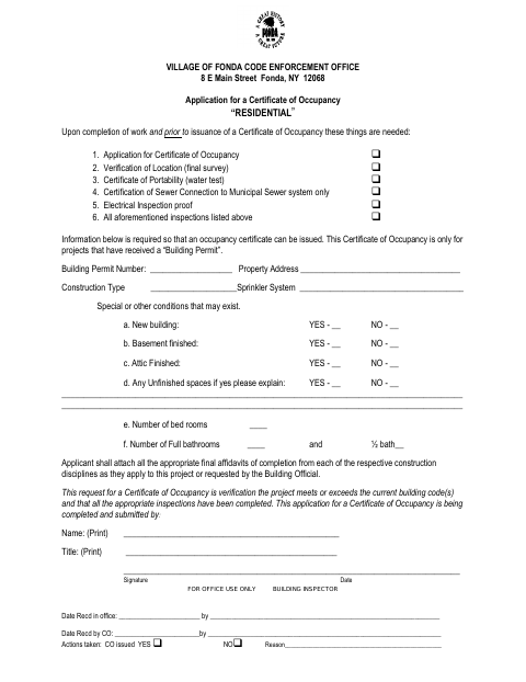 First page of the Residential Certificate of Occupancy Application