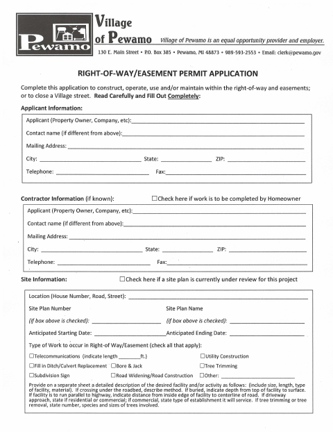 First page of the Right-of-Way/Easement Permit Application