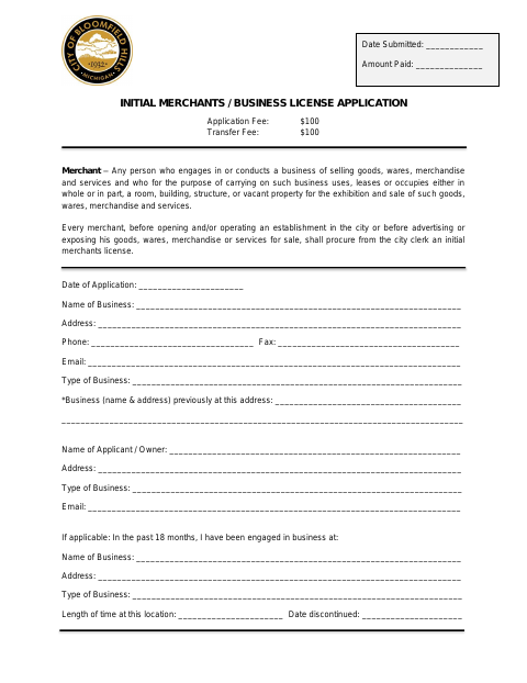 First page of the Initial Merchants / Business License Application