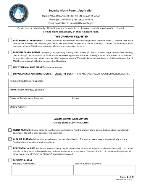 First page of the Security Alarm Permit Application