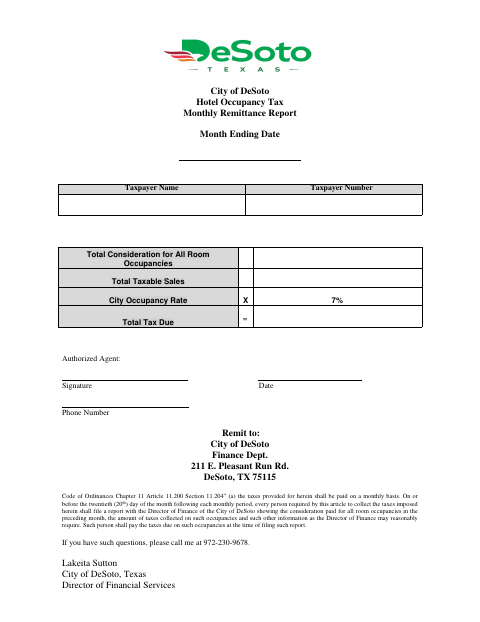 First page of the Hotel Occupancy Tax Monthly Remittance Report
