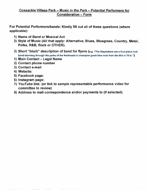 First page of the Music in the Park Potential Performers for Consideration Form