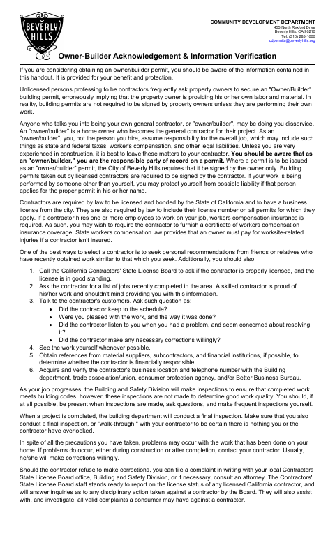 First page of the Owner-Builder Acknowledgement and Information Declarations