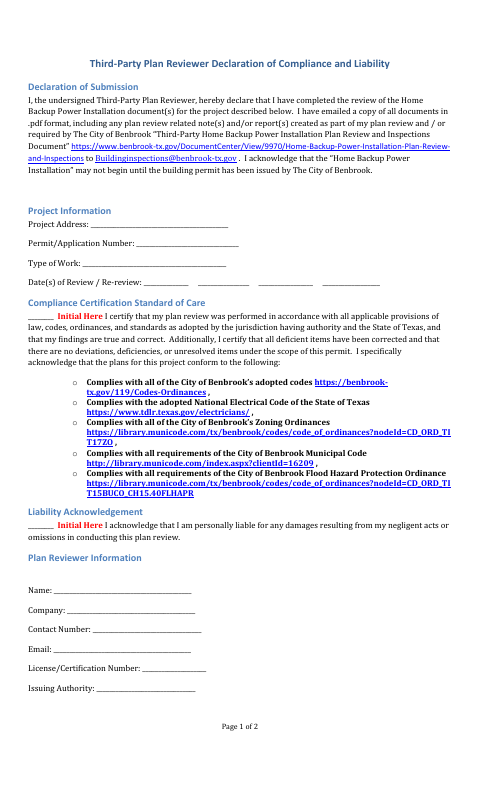 First page of the Third-Party Plan Reviewer Declaration of Compliance and Liability