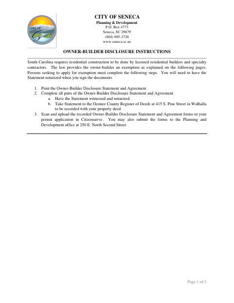 First page of the Owner-Builder Disclosure Statement and Agreement