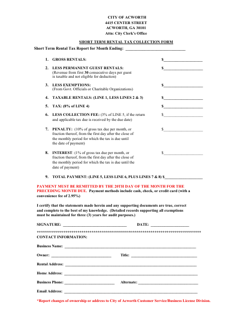 First page of the Short Term Rental Tax Collection Form