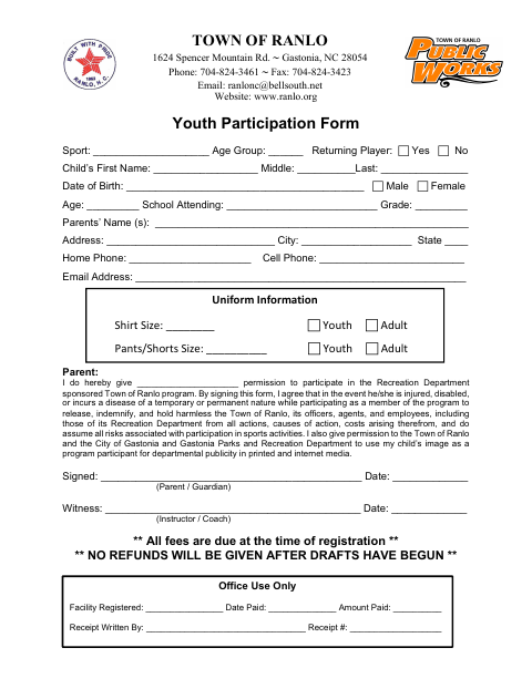 First page of the Youth Participation Form