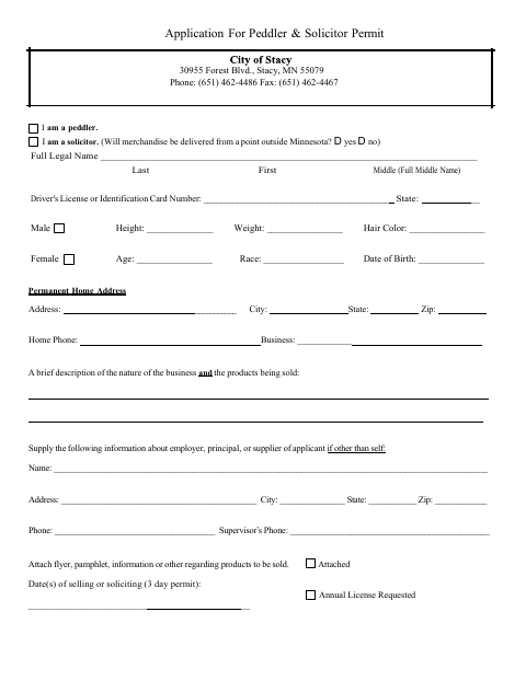 First page of the Peddler and Solicitor Permit Application