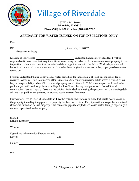First page of the Affidavit for Water Turned On for Inspections Only