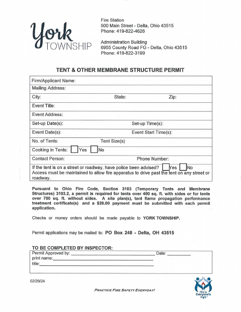 First page of the Tent and Other Membrane Structure Permit