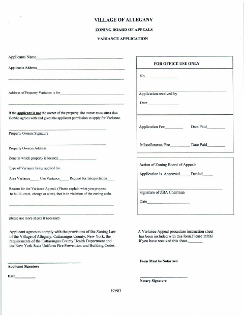 First page of the Variance Application