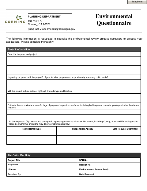 First page of the Environmental Questionnaire