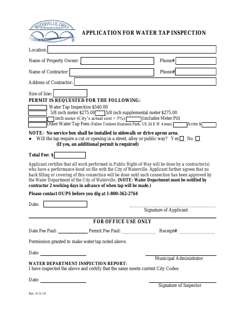 First page of the Application for Water Tap Inspection