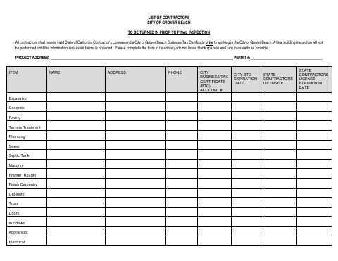 First page of the List of Contractors